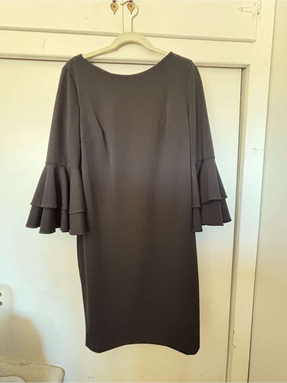 Calvin Klein Dark Black Midi Dress with Tiered Ruffle Sleeves